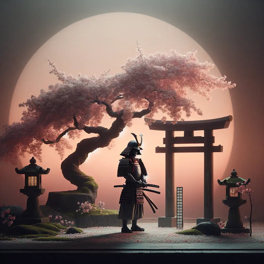 A stoic samurai in historical robes stands beneath a blooming cherry blossom tree at sunset, holding a katana with calm dignity amid falling petals, symbolizing a peaceful end of an era.
