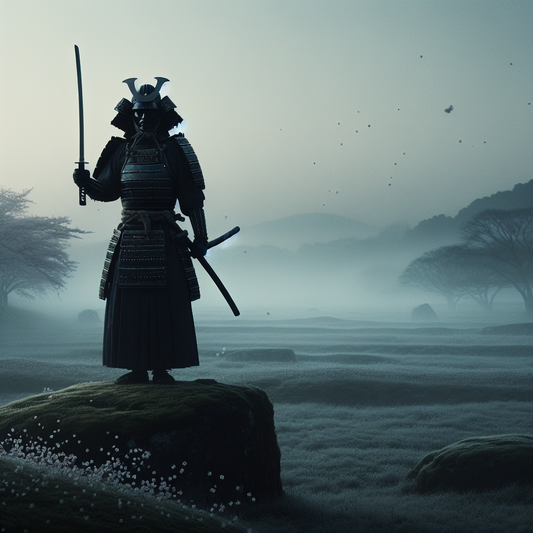 A traditional Japanese samurai in full armor stands on a misty dawn battlefield with katana raised, surrounded by falling cherry blossoms, evoking honor and quiet resilience.