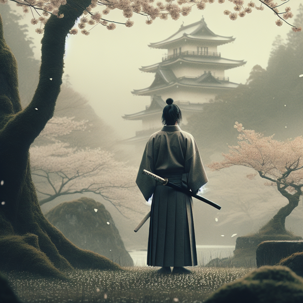 A solitary samurai holding a katana stands solemnly among misty cherry blossoms with an ancient Japanese castle in the background, embodying honor and discipline in a minimalist, serene composition.