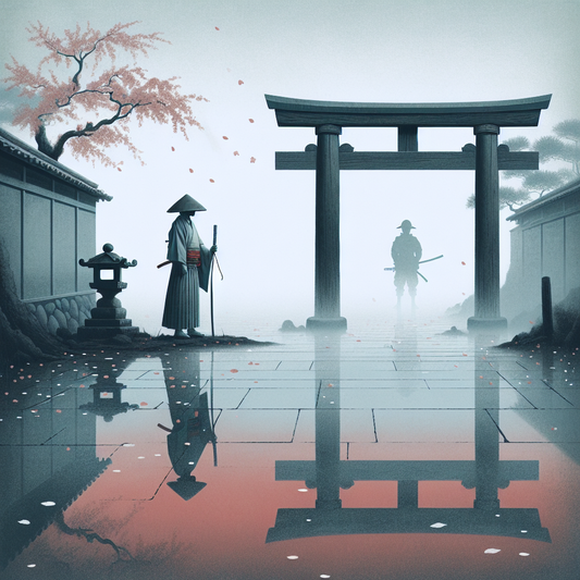 A minimalistic Japanese scene showing a solitary samurai by a torii gate with a faint Meiji era soldier silhouette in soft dawn light, symbolizing peaceful transition between old and new Japan.