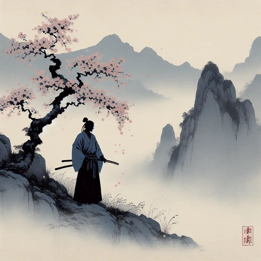 A serene samurai standing on a misty mountain at dawn, holding a polished katana with cherry blossoms gently falling around him, embodying honor and duty in a minimalist Japanese art style.