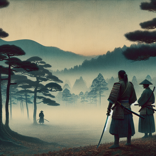 Two samurai warriors in a misty battlefield, one with a katana sword and the other with a 19th century firearm, symbolizing the encounter of tradition and modernization in a quiet, balanced composition.