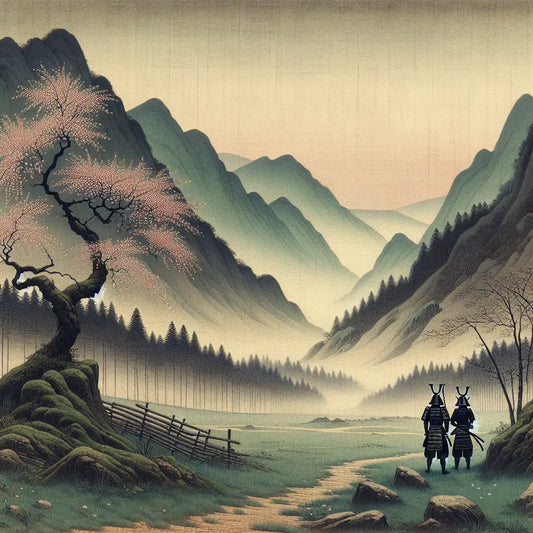 Two samurai warriors in traditional armor standing calmly amidst a misty mountain landscape with gentle cherry blossoms falling, rendered in minimalist Japanese style.