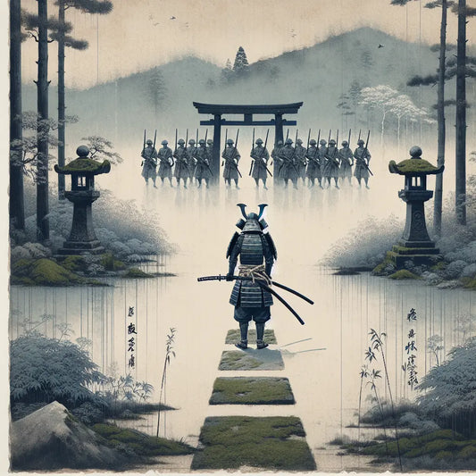 A calm, minimalist depiction of a samurai and modern soldiers from the Satsuma Rebellion era standing opposed with muted colors and soft morning mist in a traditional Japanese setting with torii gate and stone lantern.