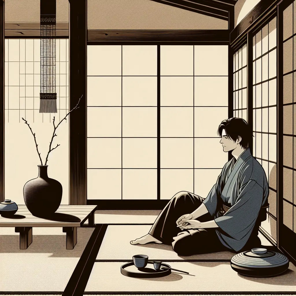 An adult man sitting thoughtfully in a serene, traditional Japanese café with soft natural light and minimalist decor, embodying a calm and mature atmosphere inspired by seinen manga.