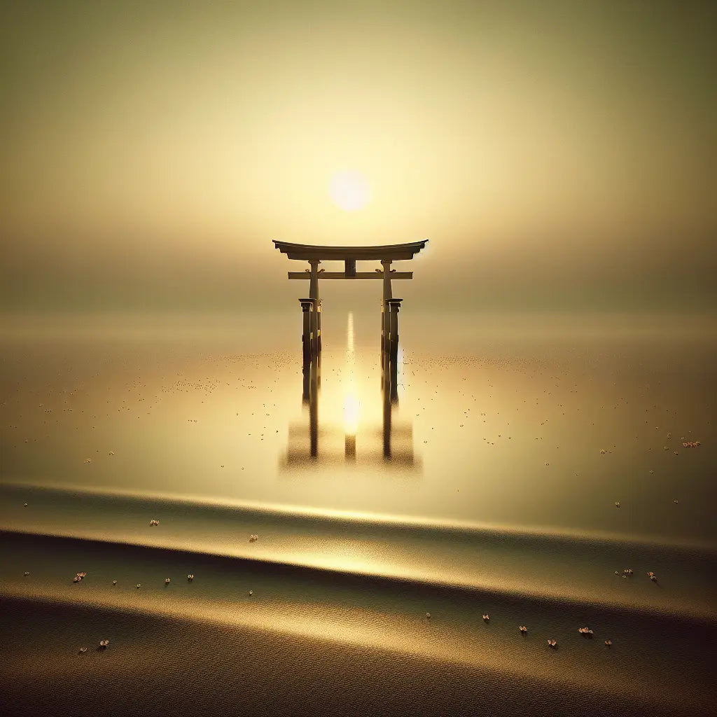 A peaceful dawn with golden sunlight casting soft light over a calm horizon featuring a solitary Japanese torii gate by still water with floating cherry blossom petals, evoking serenity and renewal.