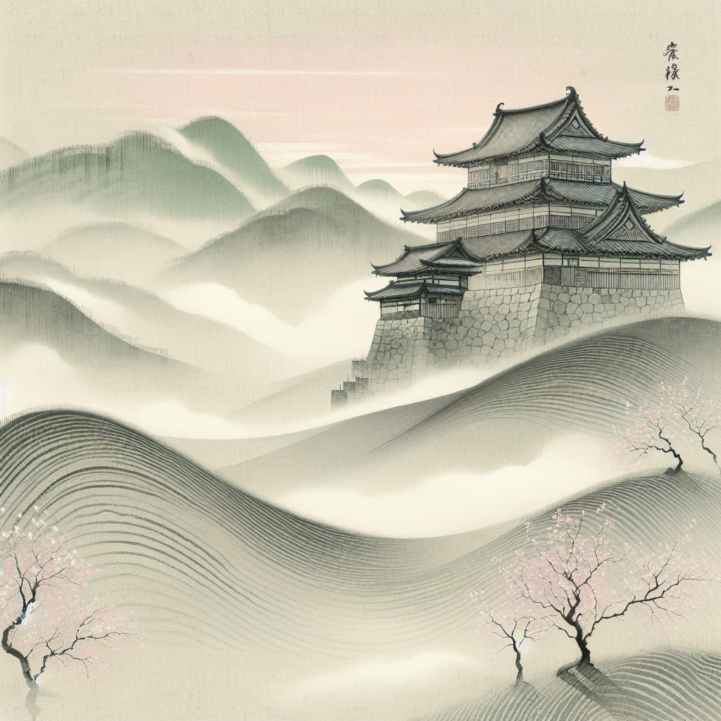 A traditional Japanese castle on misty hills at dawn, surrounded by soft cherry blossoms, evoking samurai spirit in a calm, minimalist scene.