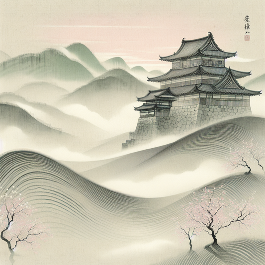 A traditional Japanese castle on misty hills at dawn, surrounded by soft cherry blossoms, evoking samurai spirit in a calm, minimalist scene.