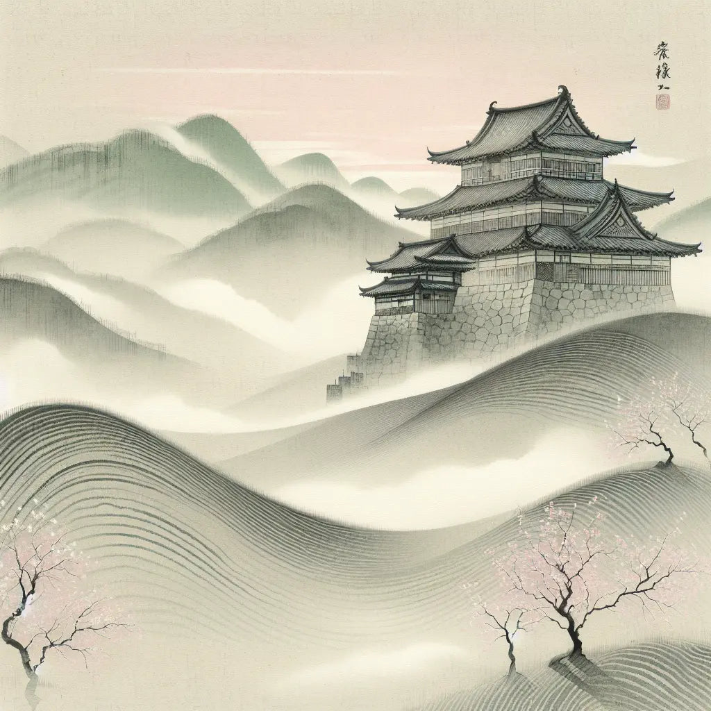 A traditional Japanese castle on misty hills at dawn, surrounded by soft cherry blossoms, evoking samurai spirit in a calm, minimalist scene.