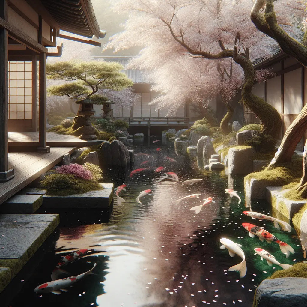 A tranquil Japanese garden pond with colorful koi fish swimming beneath softly lit cherry blossom trees, evoking calm and elegance through minimalistic harmony.