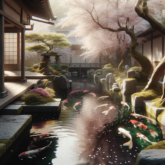 A tranquil Japanese garden pond with colorful koi fish swimming beneath softly lit cherry blossom trees, evoking calm and elegance through minimalistic harmony.