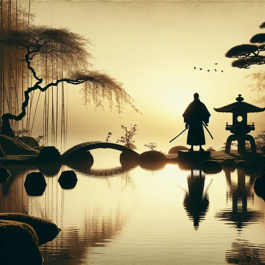 Silhouette of a samurai holding a katana sword in a tranquil Japanese garden at sunrise, bathed in soft golden light with subtle mist and delicate sakura petals.