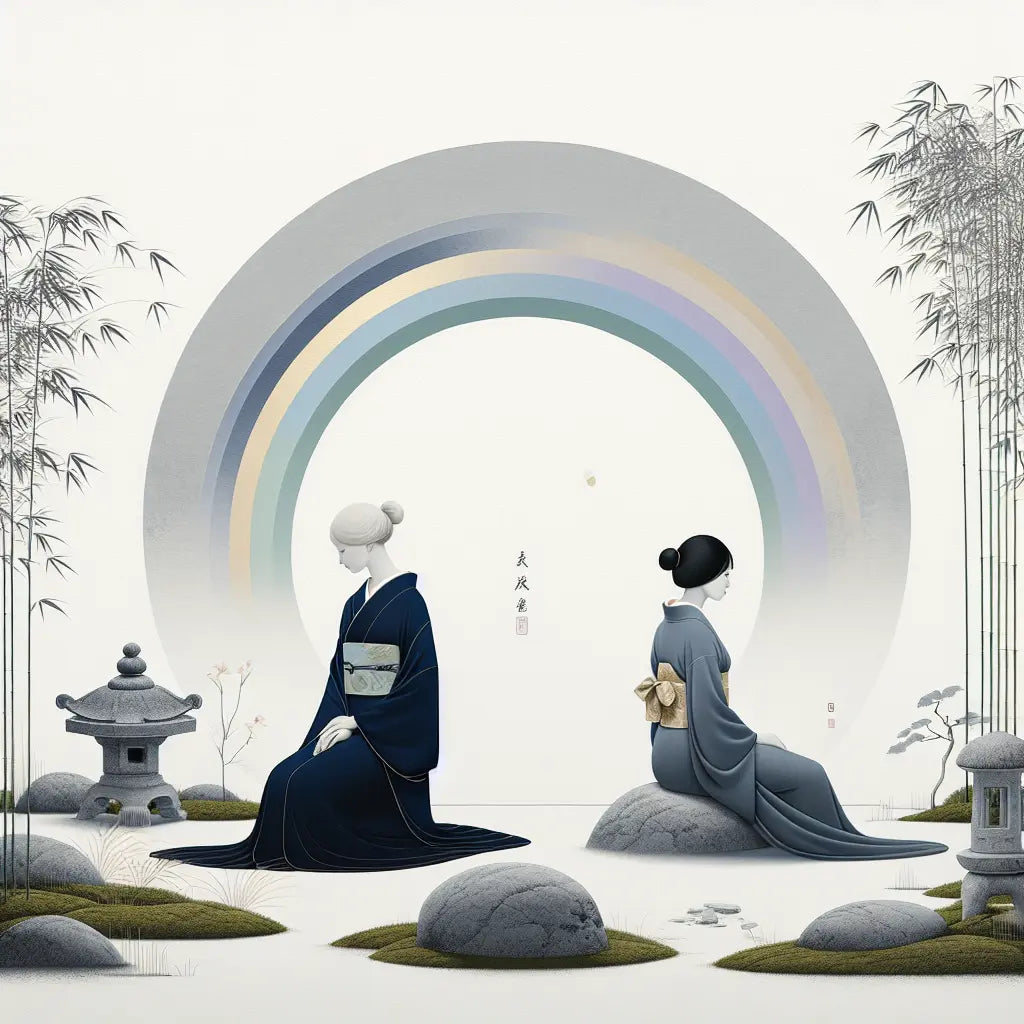 Two graceful Japanese-inspired female figures in soft elegant kimonos standing calmly in a serene Kyoto garden with subtle pastel rainbow hues suggesting harmony and connection, minimalistic and traditional.