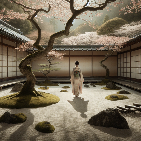 A serene figure wearing a traditional Japanese kimono standing amidst a peaceful garden of blooming cherry blossoms softly illuminated by morning light, evoking timeless elegance and cultural richness.