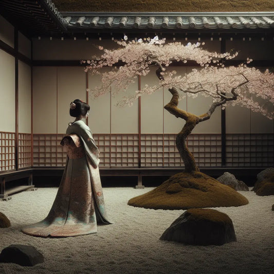 A woman wearing an elaborately patterned kimono standing gracefully beneath cherry blossom trees in a minimalist traditional Japanese garden with gently falling petals, evoking elegance and cultural richness.