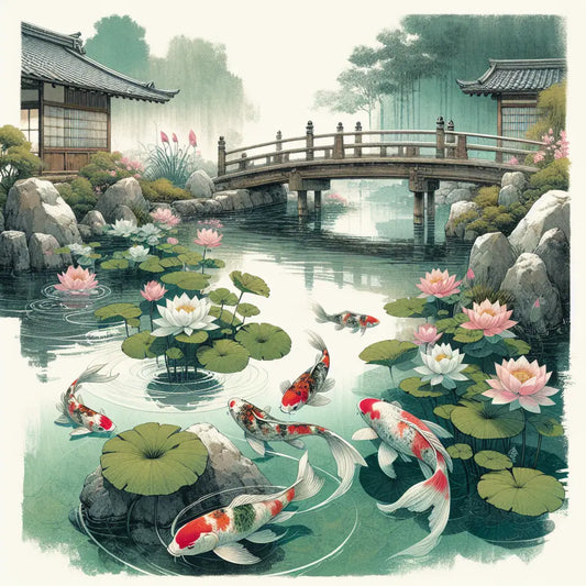 A tranquil Japanese koi pond with colorful koi fish swimming gently among lotus flowers under soft morning light, embodying calm and traditional elegance.