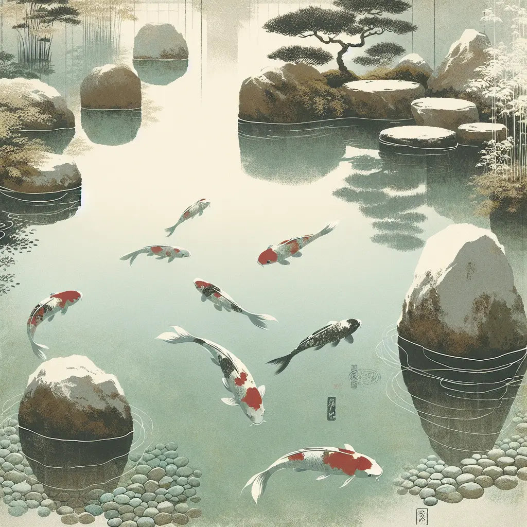 A serene traditional Japanese pond with colorful koi fish swimming calmly beneath the water surface, reflecting a tranquil and minimalistic aesthetic.