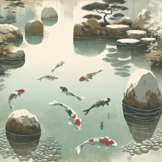 A serene traditional Japanese pond with colorful koi fish swimming calmly beneath the water surface, reflecting a tranquil and minimalistic aesthetic.