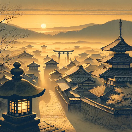 A serene traditional Japanese city skyline at sunrise, blending wooden pagodas and modern rooftops with warm glowing light, symbolizing hope and renewal in a minimalist style.