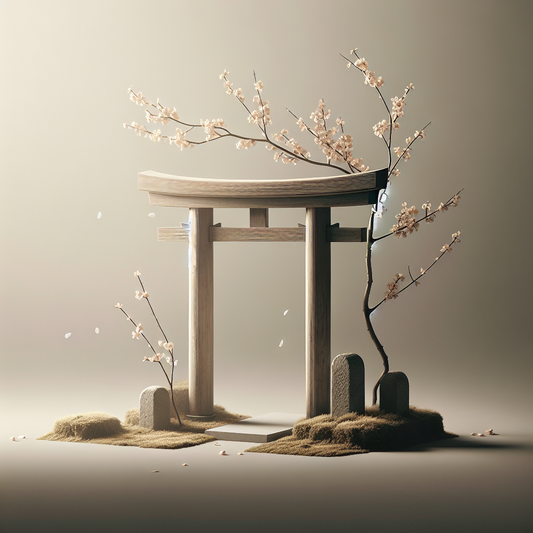 A serene traditional wooden torii gate under soft morning light with cherry blossom branches and drifting petals, minimalist Japanese style with muted colors and balanced composition.