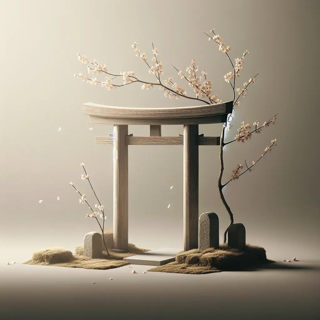 A serene traditional wooden torii gate under soft morning light with cherry blossom branches and drifting petals, minimalist Japanese style with muted colors and balanced composition.