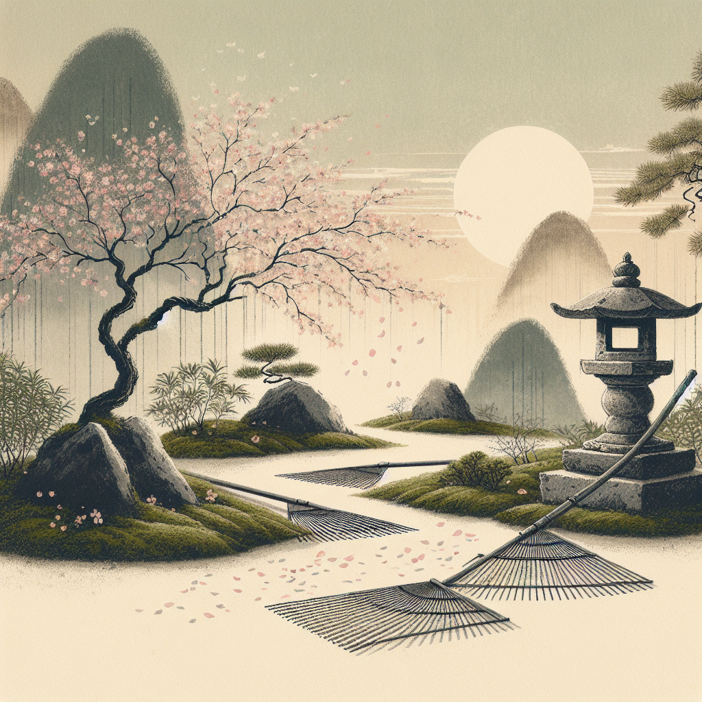 A minimalist Japanese scene with a moss-covered stone lantern and raked zen garden, soft morning light, and falling cherry blossom petals, evoking calm and tradition.