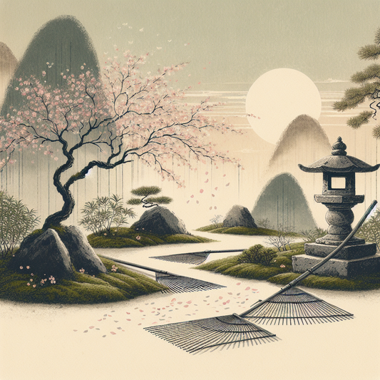 A minimalist Japanese scene with a moss-covered stone lantern and raked zen garden, soft morning light, and falling cherry blossom petals, evoking calm and tradition.