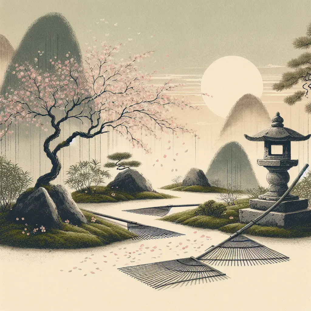 A minimalist Japanese scene with a moss-covered stone lantern and raked zen garden, soft morning light, and falling cherry blossom petals, evoking calm and tradition.