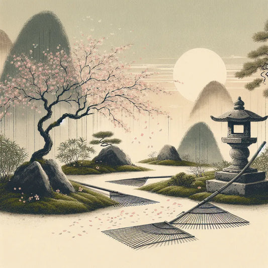 A minimalist Japanese scene with a moss-covered stone lantern and raked zen garden, soft morning light, and falling cherry blossom petals, evoking calm and tradition.