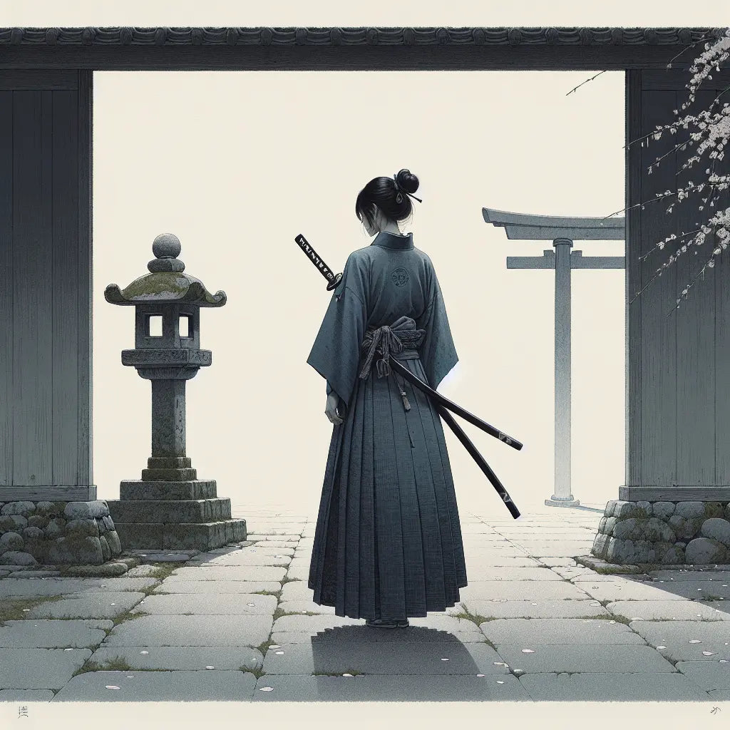 A serene samurai in traditional robes holding a katana standing peacefully in a minimalist Japanese temple courtyard with soft sunlight and delicate cherry blossom petals.