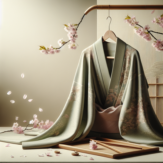 An elegant traditional silk kimono gracefully displayed on a wooden hanger with soft lighting and cherry blossom petals falling in the background, capturing delicate fabric detail and serene atmosphere.
