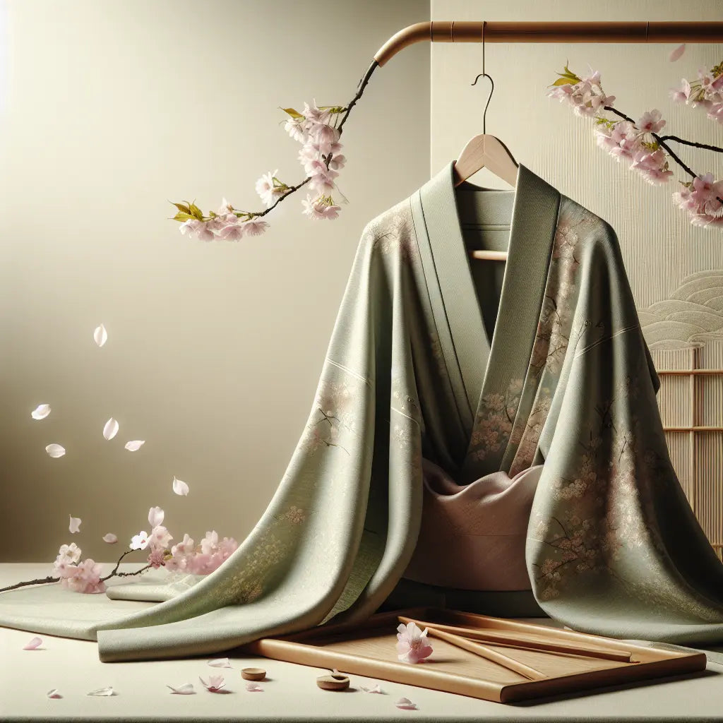 An elegant traditional silk kimono gracefully displayed on a wooden hanger with soft lighting and cherry blossom petals falling in the background, capturing delicate fabric detail and serene atmosphere.