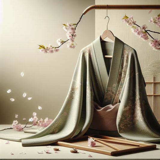 An elegant traditional silk kimono gracefully displayed on a wooden hanger with soft lighting and cherry blossom petals falling in the background, capturing delicate fabric detail and serene atmosphere.