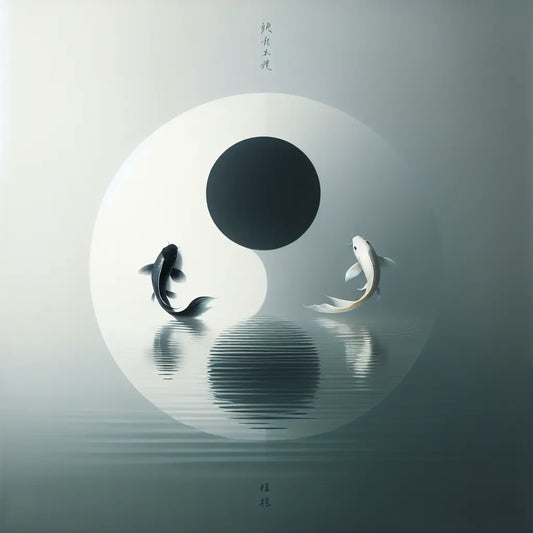 A peaceful yin and yang symbol formed by two swirling black and white koi fish in calm water, symbolizing balance and harmony in traditional Chinese art style.