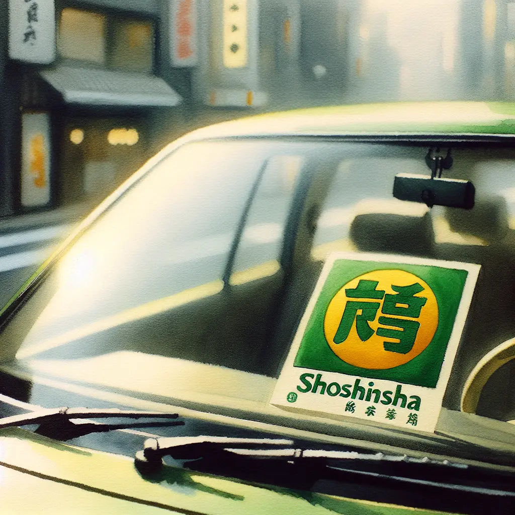 Close-up of a car windshield with a bright green and yellow Shoshinsha beginner driver sticker, softly focused Tokyo street in the background, minimalistic and serene.