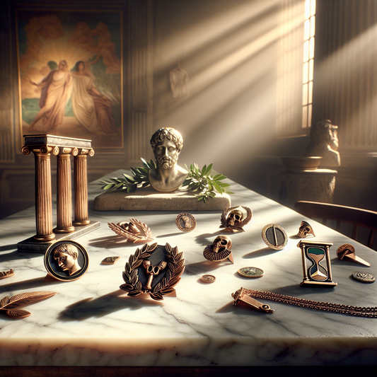A cinematic painting-style flat lay of stoic philosophy inspired jewelry including hourglass, laurel wreath, and skull motifs on a warm, neutral marble slab with Roman architectural accents.