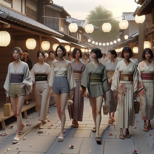 Serene Japanese street during summer festival showing young women in simple shorts blending harmoniously with traditionally dressed women in kimonos under soft evening light.