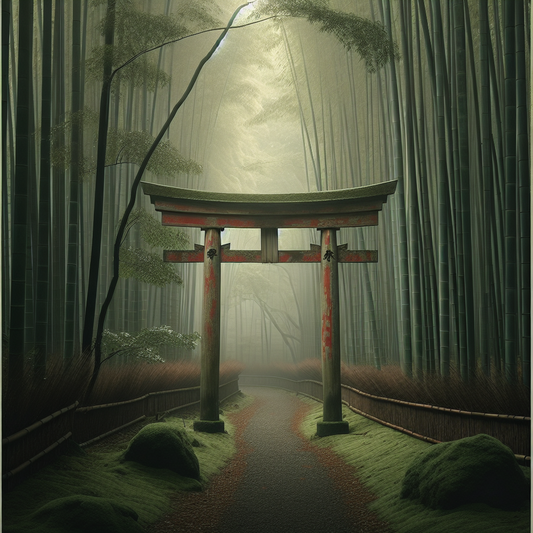 A weathered wooden torii gate shrouded in soft morning mist on a quiet bamboo forest path, minimalistic and serene in traditional Japanese style.