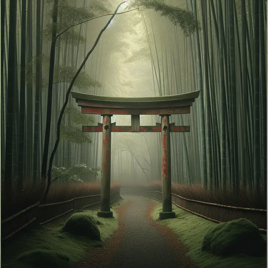 A weathered wooden torii gate shrouded in soft morning mist on a quiet bamboo forest path, minimalistic and serene in traditional Japanese style.