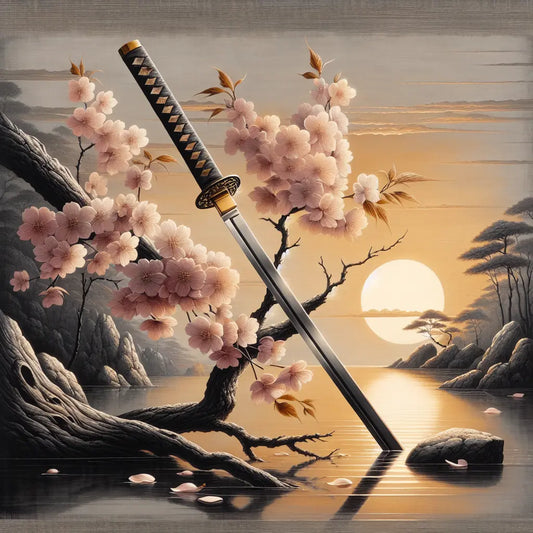 A traditional Japanese katana sword shining gently beneath cherry blossoms at sunset, surrounded by drifting pink petals and a serene natural background, symbolizing samurai honor and spirit.