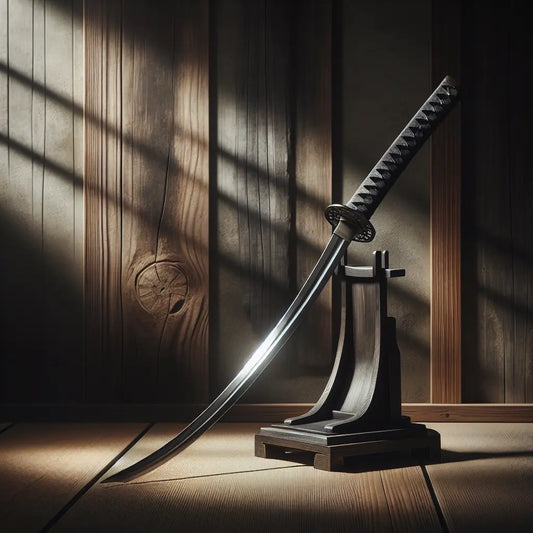 A traditional Japanese katana displayed on a wooden stand with soft natural light emphasizing the blade’s curve and craftsmanship against a dark vintage background, minimalistic and reverent.