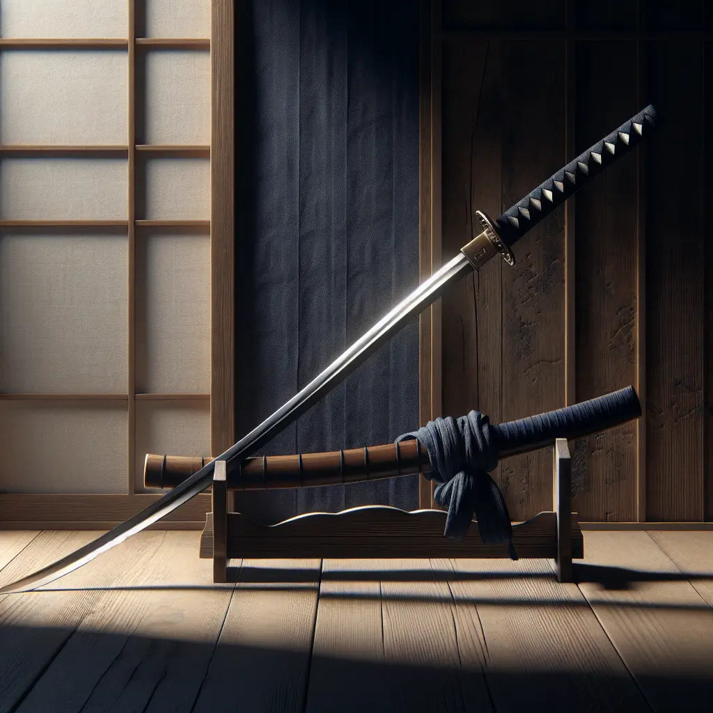 A traditional Japanese katana sword with a polished curved blade resting on a wooden stand, softly lit to highlight intricate handle details, evoking craftsmanship and history.