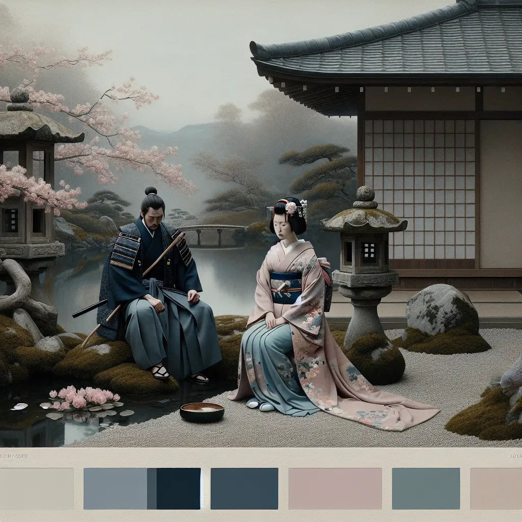 Two traditional Japanese figures in muted kimono beside a stone lantern and koi pond with cherry blossom petals, in a quiet, minimalist setting conveying subtle affection and balance.