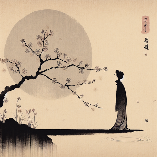 An elegant minimalist image showing a traditional ukiyo-e cherry blossom branch above a calm modern anime figure, balanced and serene with muted natural tones.