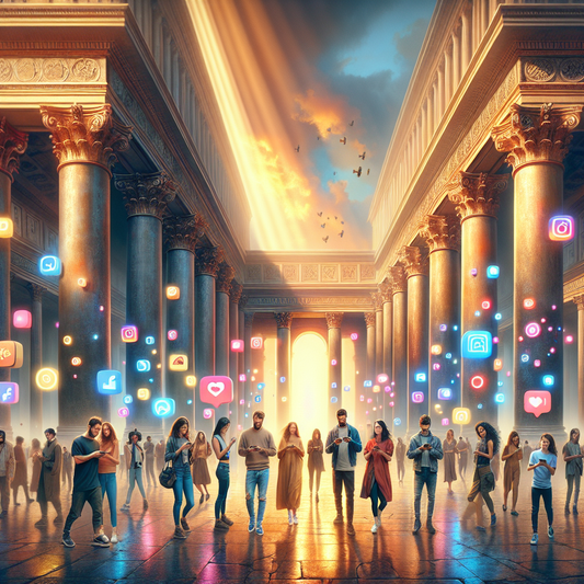 Diverse young people in a vibrant urban setting using smartphones with glowing Instagram and TikTok interfaces, surrounded by floating social slang words like Gyatt, blending modern social media culture with a theatrical Roman-inspired backdrop.