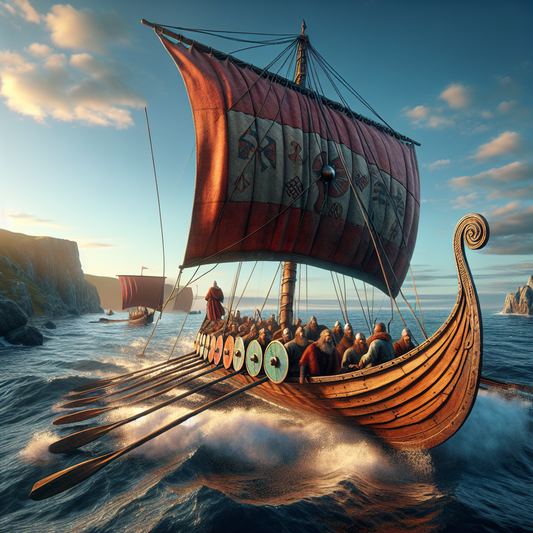 A majestic Viking longboat with a large square wool sail painted with Norse symbols, cutting through ocean waves under a bright northern sky, inspired by a 1960s cinematic historical painting style.