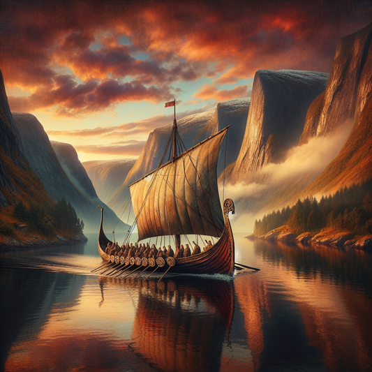 Elegant Viking ship sailing through calm northern fjords at sunset with dramatic skies reflected in the water, styled like a 1960s historical epic painting.