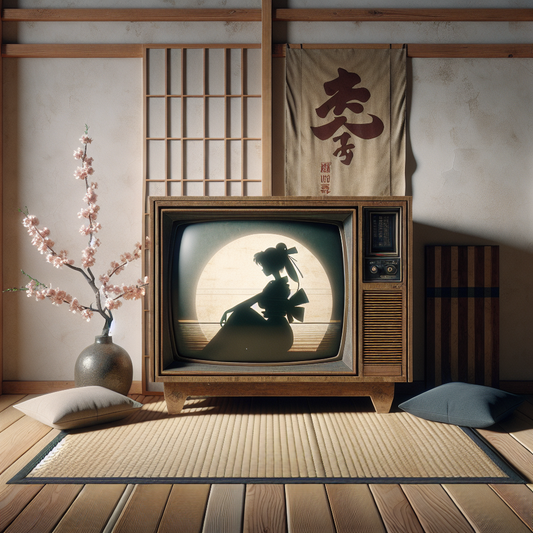 A vintage 1990s Japanese television with a subtle anime silhouette on the screen, flanked by a cherry blossom branch and a faded American flag, symbolizing cultural adaptation and media censorship in a minimalist traditional setting.