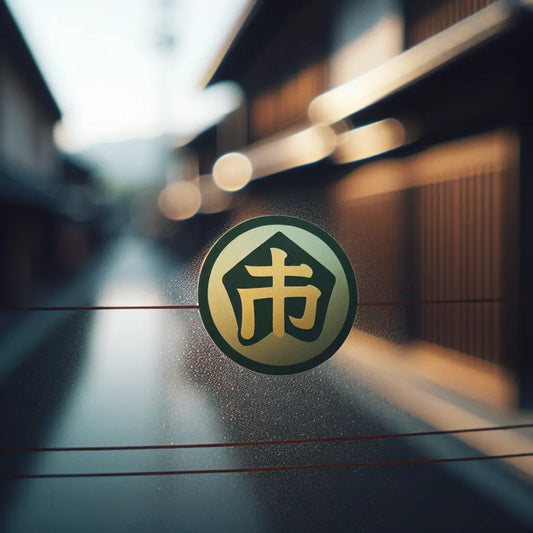 Close-up of a green and yellow V-shaped Wakaba mark sticker on a car rear window, symbolizing growth and new beginnings, with a soft city street background in muted tones.