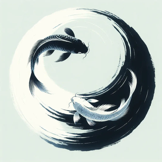 Two koi fish, black and white, swimming in a gentle circle over softly flowing water with light reflections, symbolizing Yin and Yang harmony in a minimalist Japanese style.